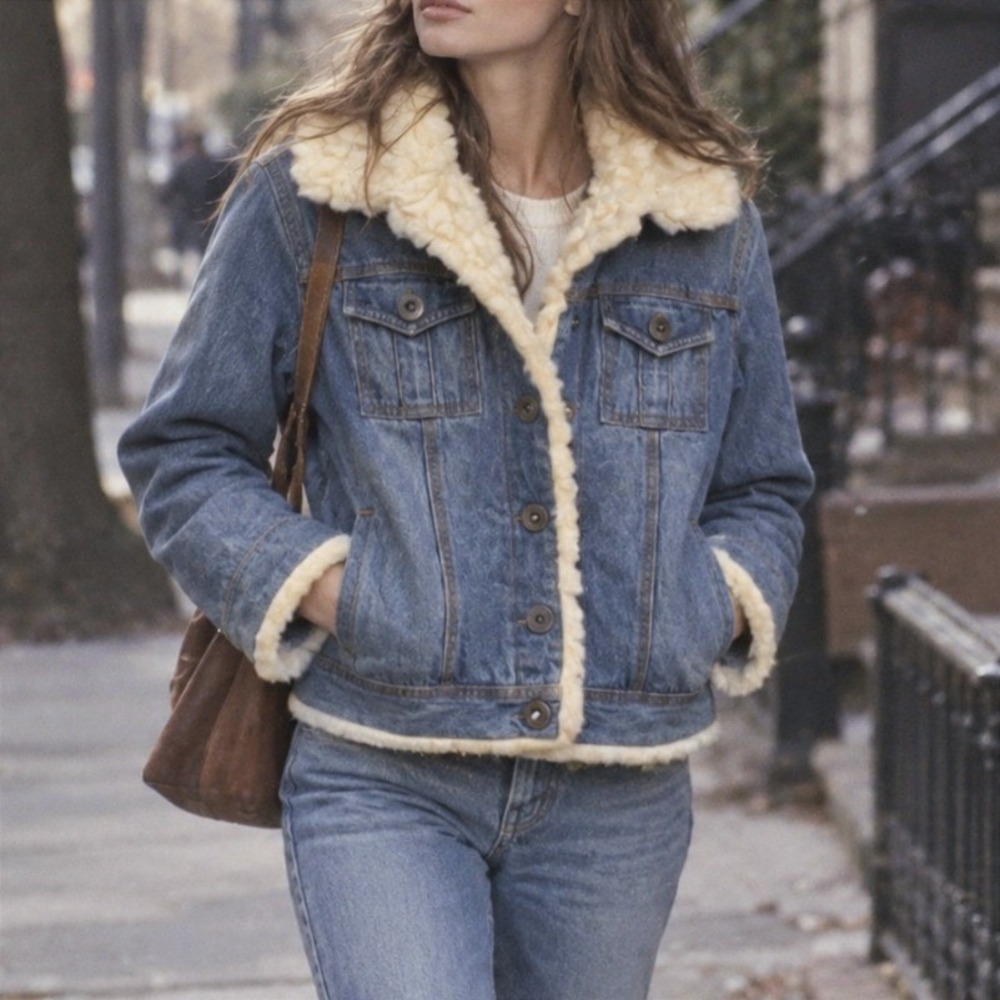 Y2K Vintage Denim Jacket Shearling Trucker S Blue Boho Sherpa Bratz Fall Grunge